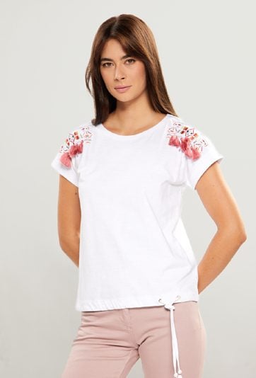 Bawełniany t-shirt ze zdobieniem na rękawach