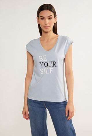 Bawełniany t-shirt z napisem oraz cekinami