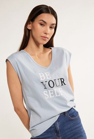 Bawełniany t-shirt z napisem oraz cekinami