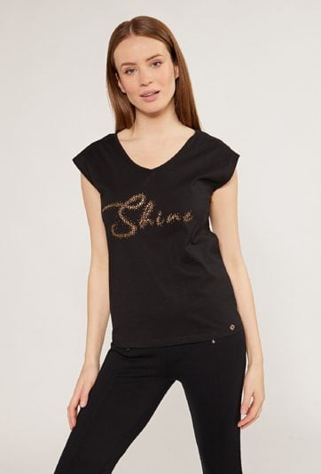 Bawełniany t-shirt z cekinowym napisem