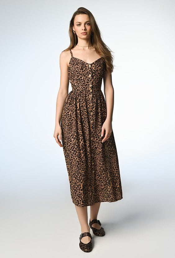 Letnia sukienka w panterkę z wiskozy i lnu