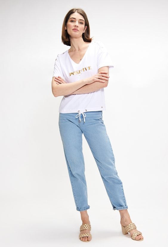 Bawełniany t-shirt damski ze ściągaczem u dołu