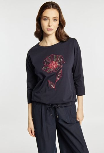 T-shirt damski z kwiatowym haftem