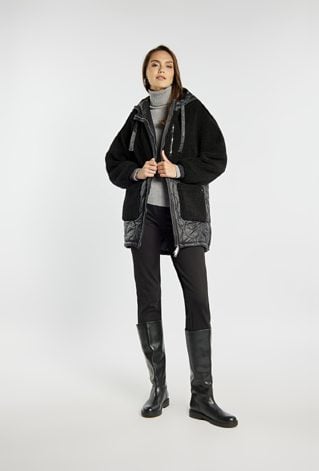 Płaszcz damski z łączonych materiałów