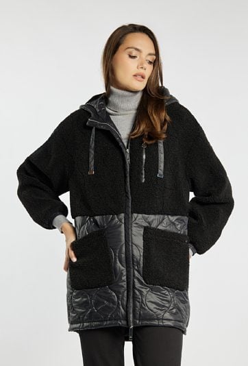 Płaszcz damski z łączonych materiałów