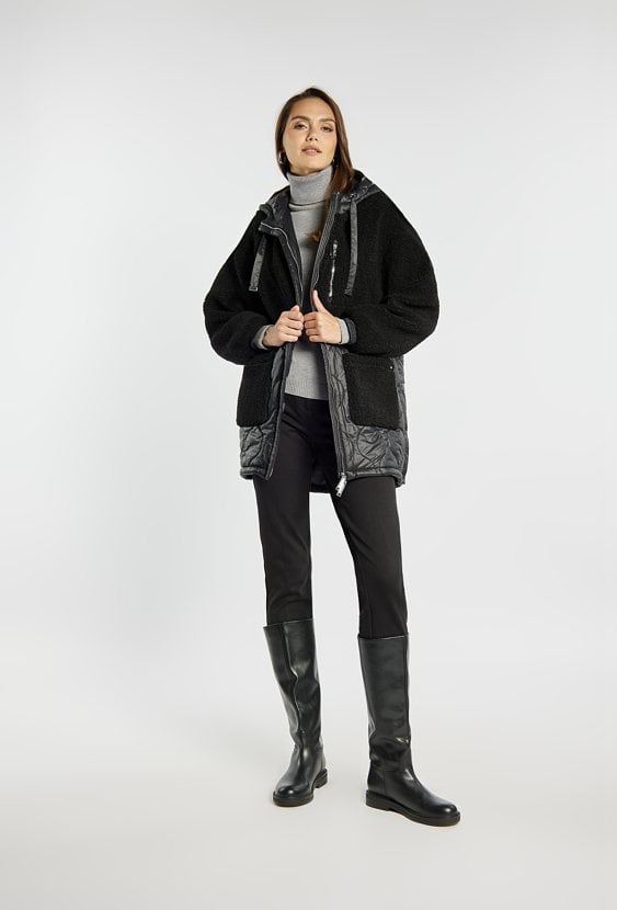 Płaszcz damski z łączonych materiałów