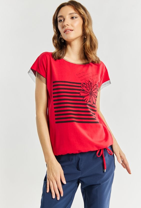 Bawełniany t-shirt damski ze ściągaczem u dołu