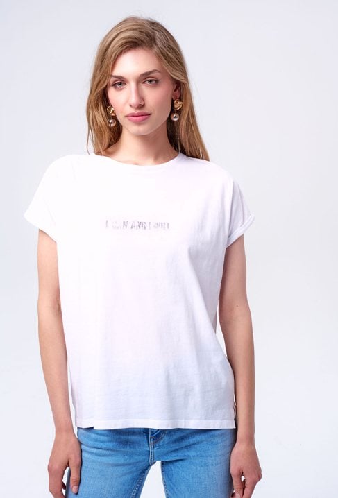 Biały T-shirt ze srebrnym napisem