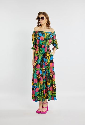 Długa sukienka z tropikalnym wzorem