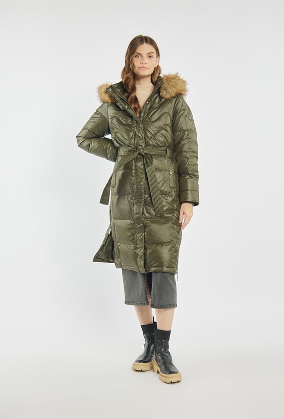 Puchowy płaszcz z wiązaniem