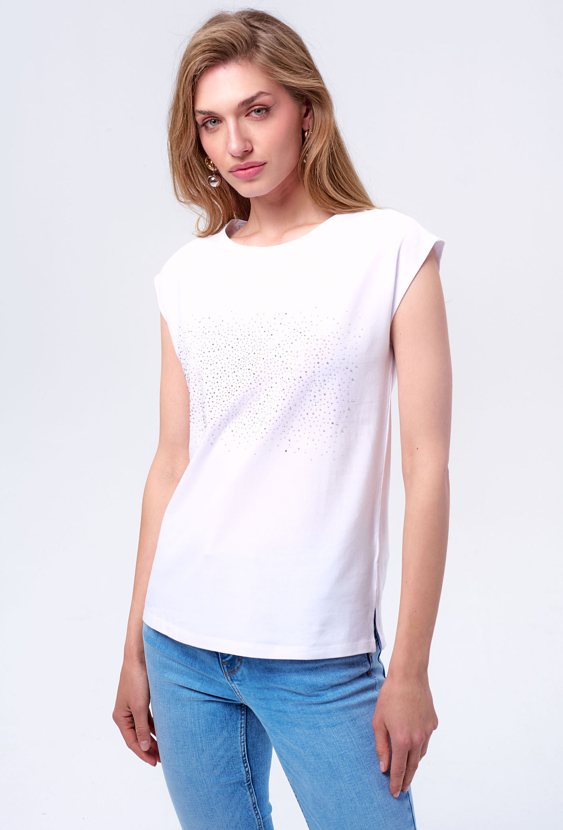 Biały T-shirt z dżetową aplikacją