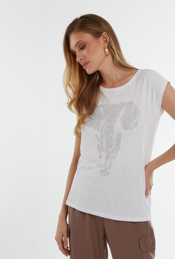 Biały t-shirt z dżetową aplikacją