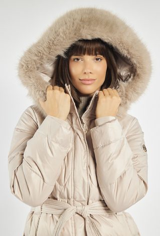 Puchowy płaszcz z wiązaniem