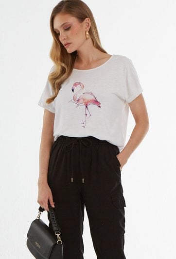 Biały T-shirt z rysunkiem flaminga