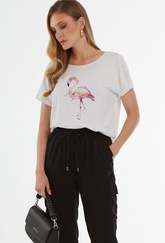 Biały T-shirt z rysunkiem flaminga