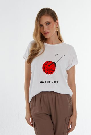 Biały T-shirt z grafiką biedronki