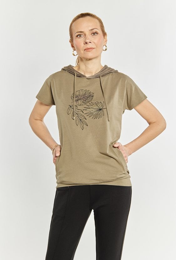 T-shirt damski z ażurowym kapturem