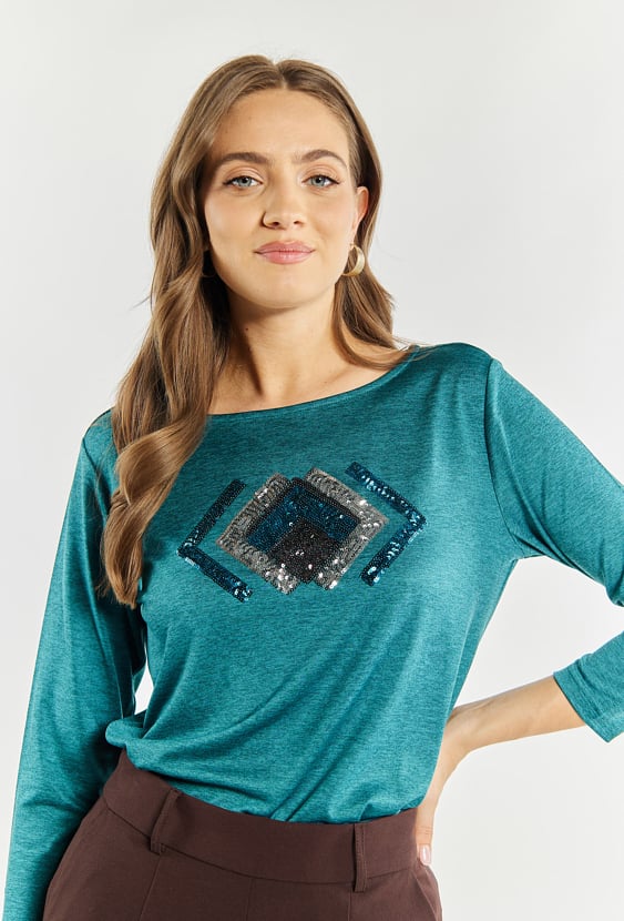 T-shirt damski z cekinowym zdobieniem