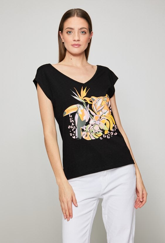 T-shirt damski z wzorzystym panelem