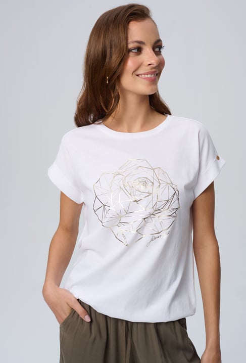 Biały t-shirt ze złotą różą