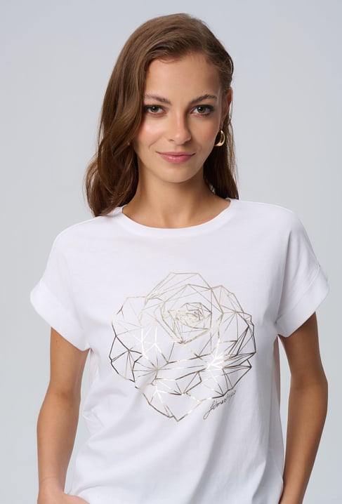 Biały t-shirt ze złotą różą