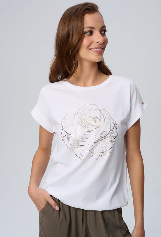 Biały t-shirt ze złotą różą