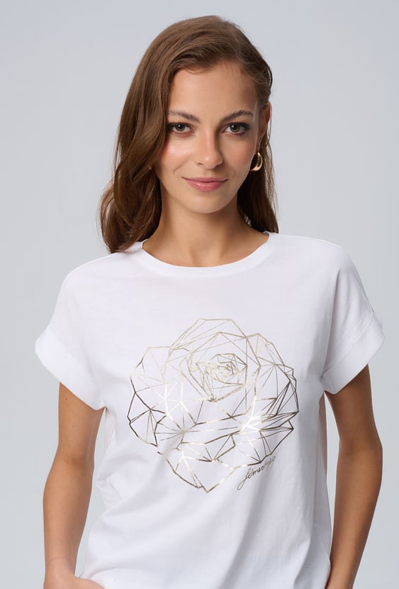 Biały t-shirt ze złotą różą