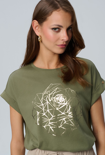 Khaki t-shirt ze złotą różą
