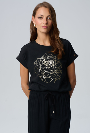 Czarny t-shirt ze złotą różą
