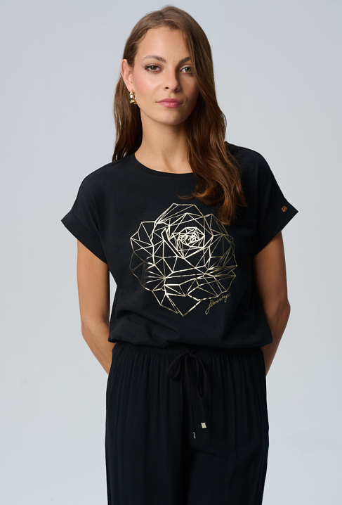 Czarny t-shirt ze złotą różą