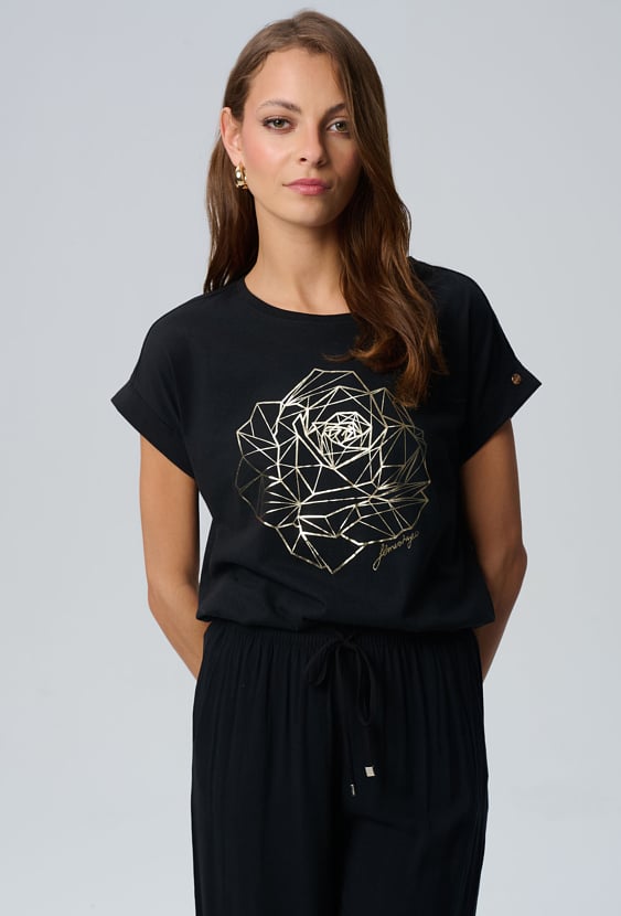 Czarny t-shirt ze złotą różą