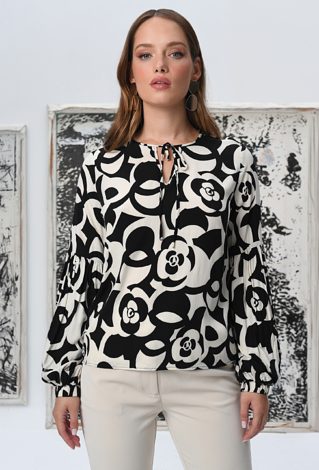 Elegancka czarna koszula w beżowy wzór