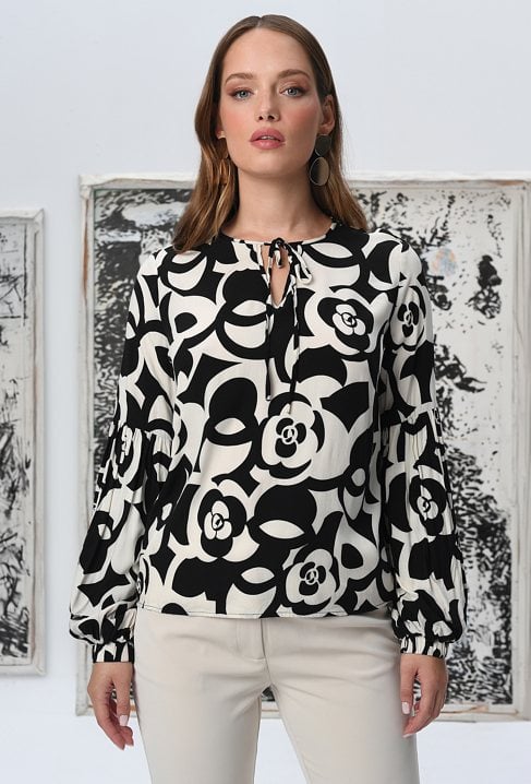 Elegancka czarna koszula w beżowy wzór