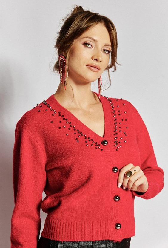 Rozpinany sweter z koralikami