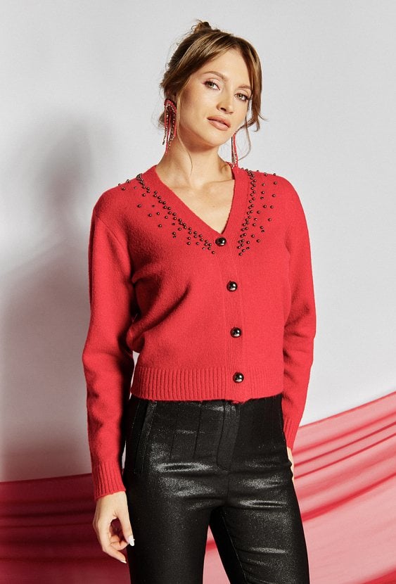 Rozpinany sweter z koralikami