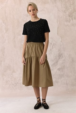 Camelowa rozkloszowana spódnica midi