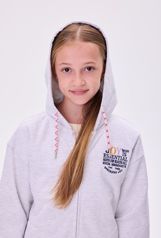 Bluza dziewczęca z kapturem rozpinana na zamek z nadrukiem