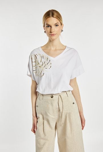 T-shirt z połyskującym liściem