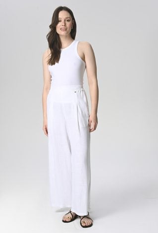 Białe szerokie spodnie z mieszanki wiskozy i lnu