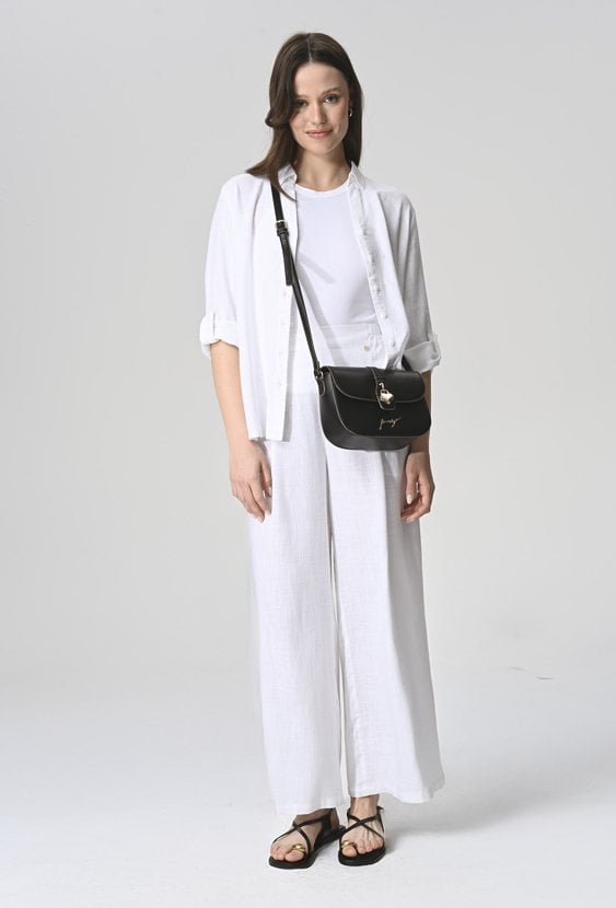 Białe szerokie spodnie z mieszanki wiskozy i lnu