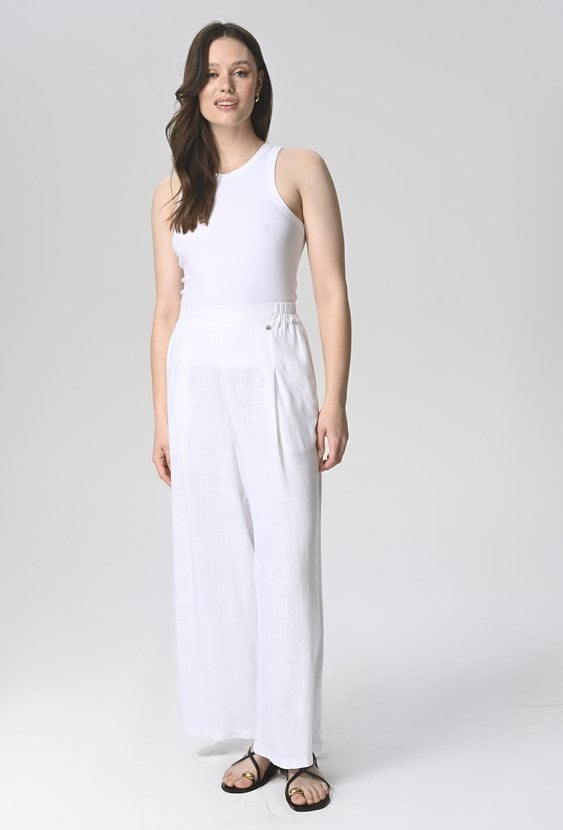 Białe szerokie spodnie z mieszanki wiskozy i lnu