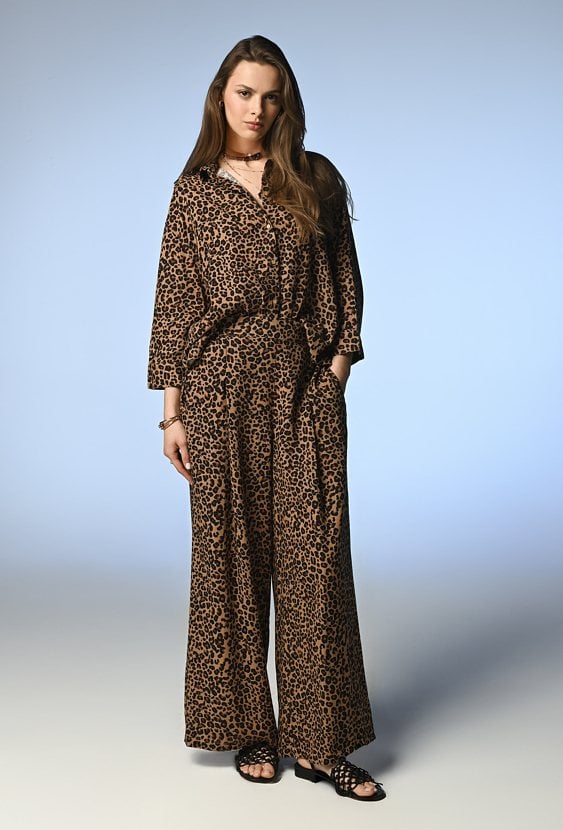 Panterkowe szerokie spodnie z mieszanki wiskozy i lnu