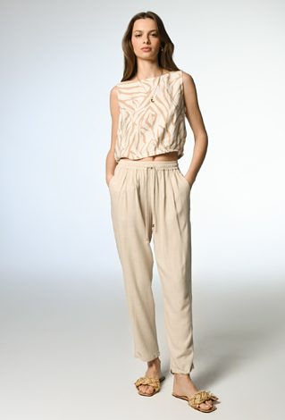 Beżowe proste spodnie z lnem i wiskozą