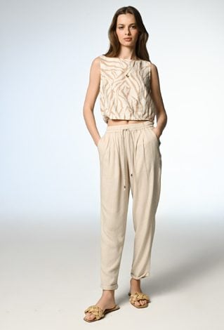 Beżowe proste spodnie z lnem i wiskozą