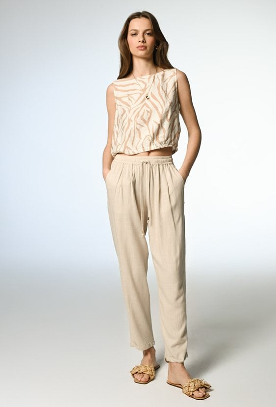 Beżowe proste spodnie z lnem i wiskozą