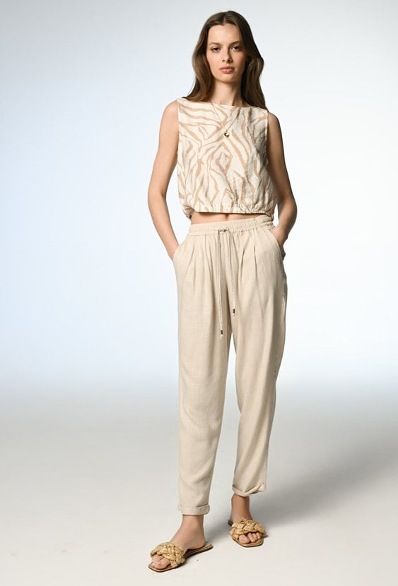 Beżowe proste spodnie z lnem i wiskozą