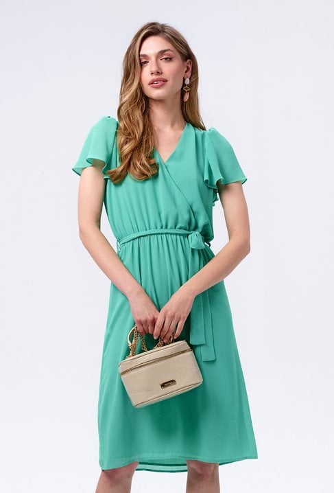 Zielona sukienka z falbaną na rękawie