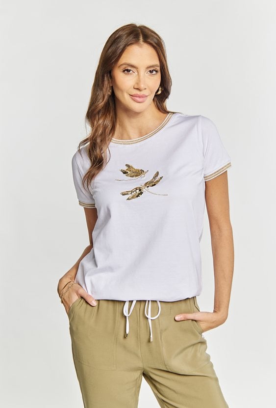 Dzianinowy T-shirt damski z cekinowym wzorem