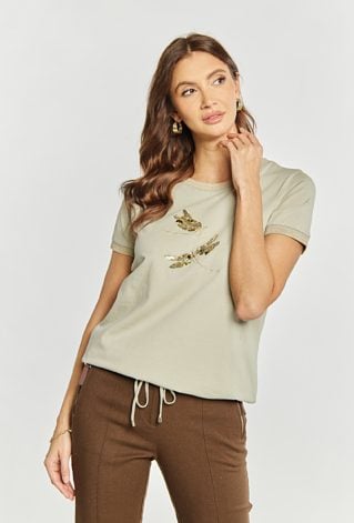 Dzianinowy T-shirt damski z cekinowym wzorem