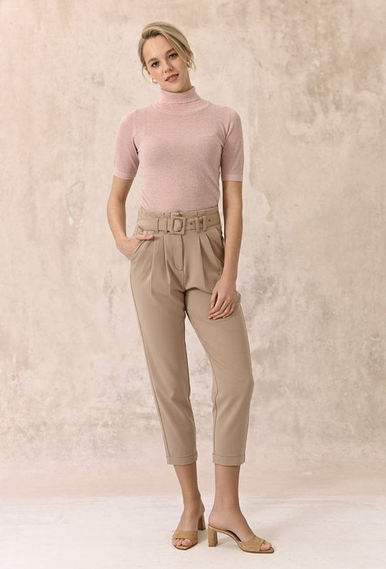 Beżowe spodnie z wysokim stanem